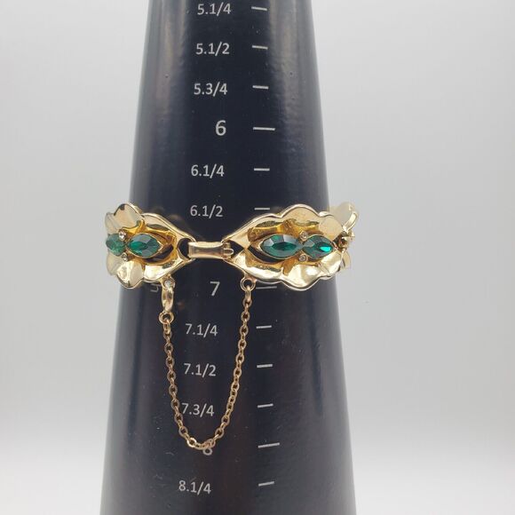 Coro Green Rhinestone Bracelet Gold Vermeil Vintage 40s Oval Link 7" L Corocraft - Picture 9 of 12